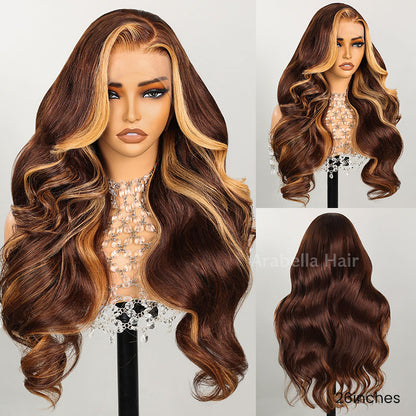 Highlight Brown Colored Loose Body Wave 13x4 Lace Frontal C-Part Design Human Hair Wig