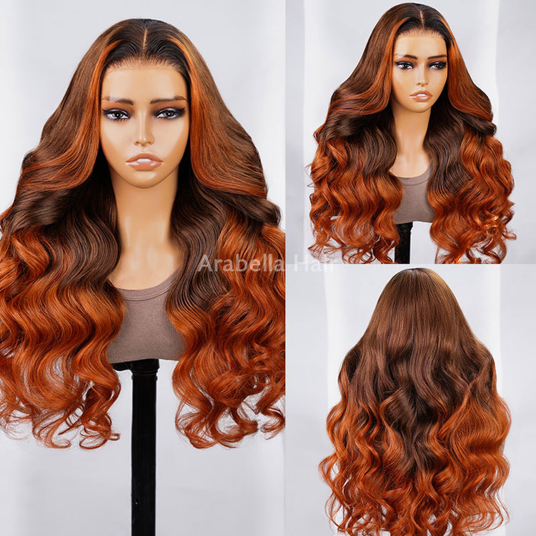 13x4 Lace Body Wave Ombre Brown Color With Ginger Color Bleached Knots Middle Part Human Hair Wigs