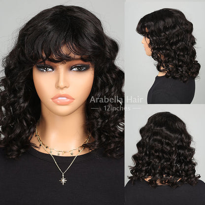 Loose Wavy Style Bob Wig with Bangs - Glueless, Non-Lace, Machine Made for Women, Natural Black Protective Style Human Hair Wigs