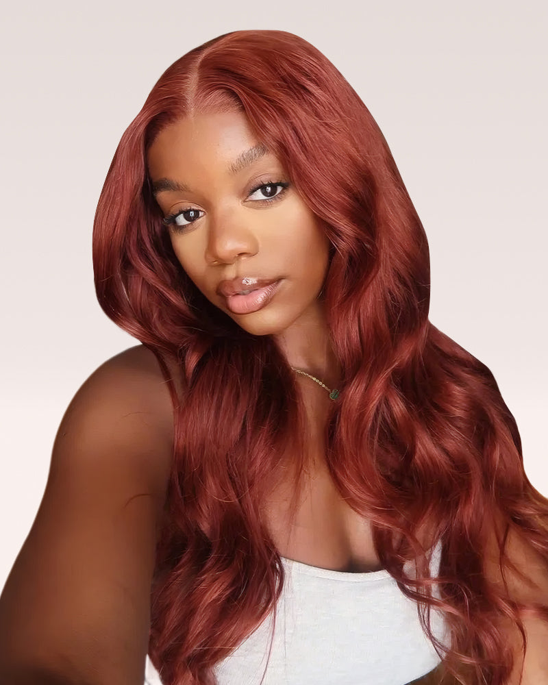 Pure-Luxe™ Reddish Brown Colored Body Wave Easy Wear Glueless 13x6 Ultra-Dense Human Hair Wig Pre-Cut Lace