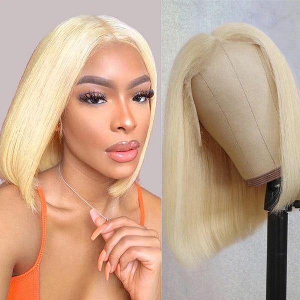 613 Blonde Lace Frontal  Straight Bob Wig with Middle Part Human Hair Wigs