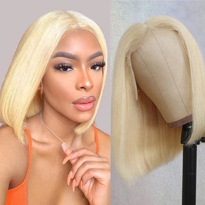 613 Blonde Lace Frontal Straight Bob Wig With Middle Part Human Hair Wigs