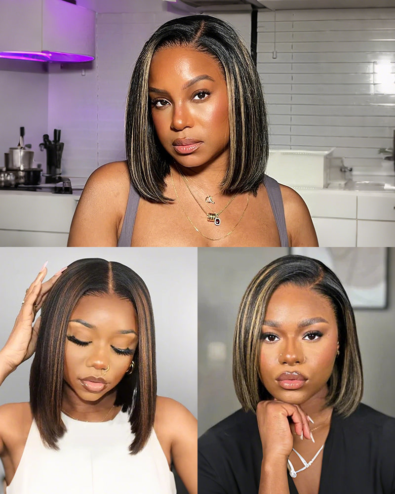 Arabella $59 Final Deal Price 6x5/13x4 Lace Auburn Highlights On Black Hair/ Balayage Highlight Straight Bob Wig