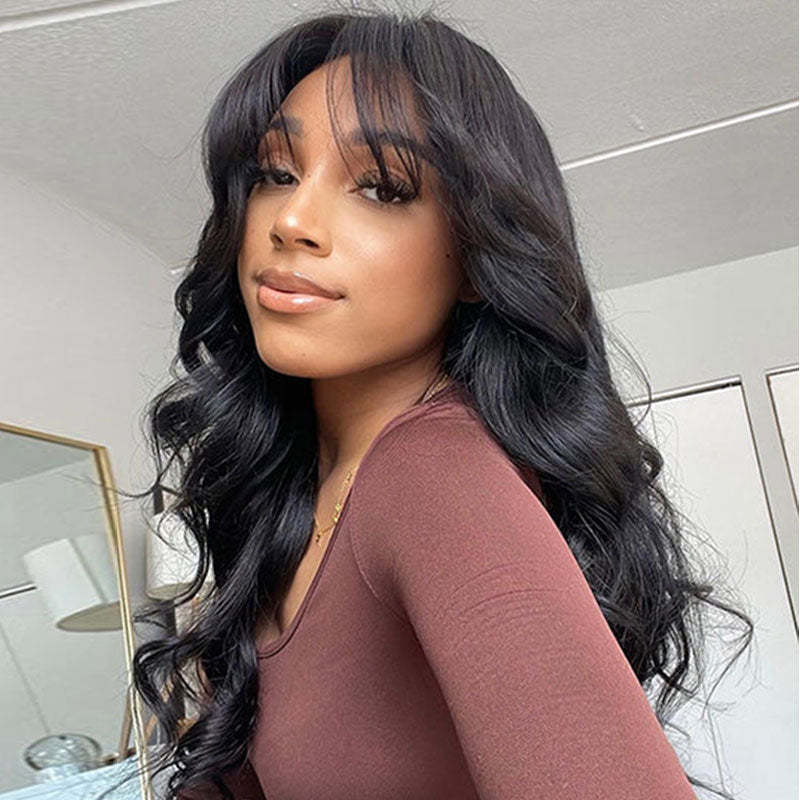 Body Wave With Bangs Natural Black Non-Lace Machine Made Protective Style Human Hair Wigs