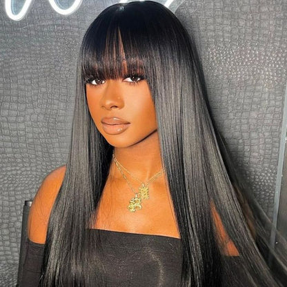 Straight Natural Black Wigs with Bangs Non-Lace Human Hair Wig Protective Style