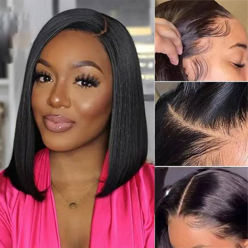 Short Bob 13x4 Lace Front Natural Black Human Hair Wig Free Part