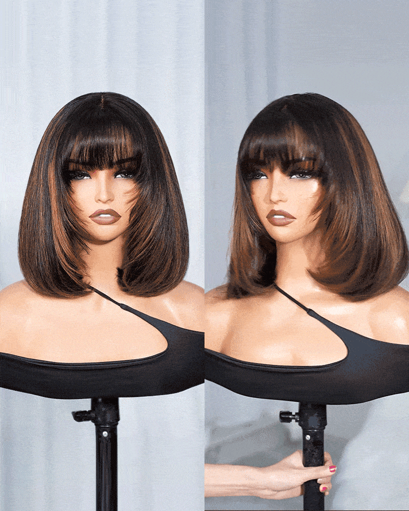Arabella 6x6 Lace T Part Auburn Highlights On Black Hair Straight Bob Wig with Bangs 100% Human Hair Wig