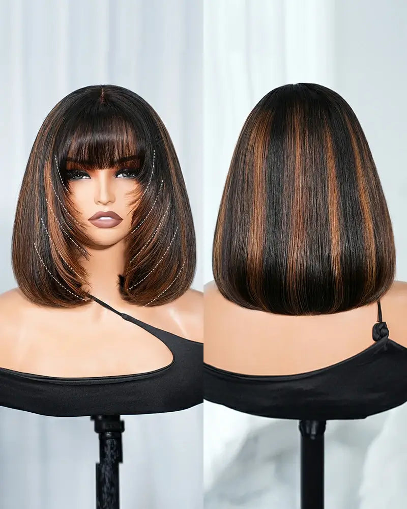 Arabella 6x6 Lace T Part Auburn Highlights On Black Hair Straight Bob Wig with Bangs 100% Human Hair Wig