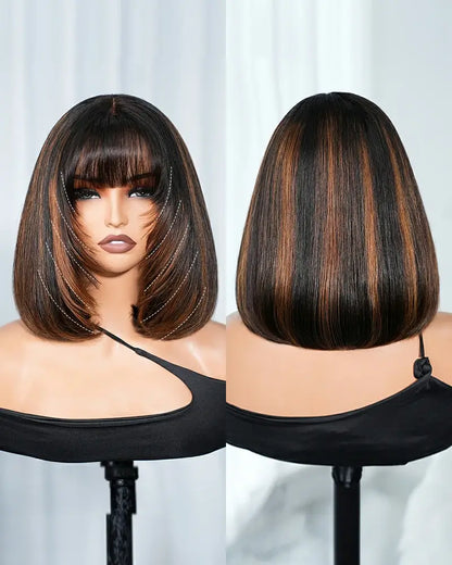 Arabella 6x6 Lace T Part Auburn Highlights On Black Hair Straight Bob Wig with Bangs 100% Human Hair Wig