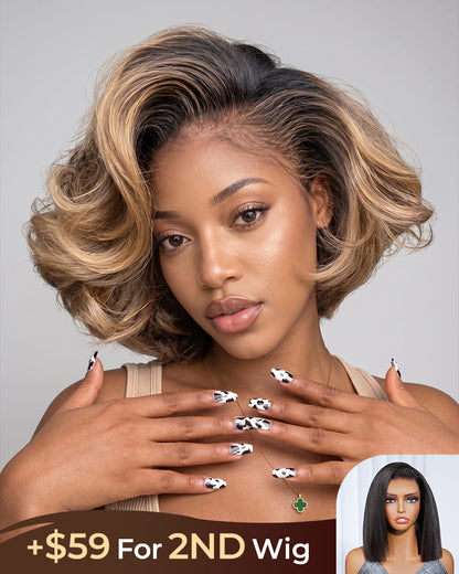 [2ND=$39] Arabella 13x6 Three-Go™ 280% High Density Glueless Old Money Bob Loose Body Wave Bob Wig Pre-cut Lace Ombre Platinum Blonde Balayage Highlights