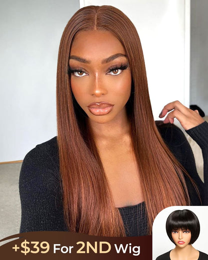 [2ND=$39] Arabella 13x6 Three-Go™ Chocolate Brown Glueless Wig Silky Straight With Drawstring 100% Human Hair Wig