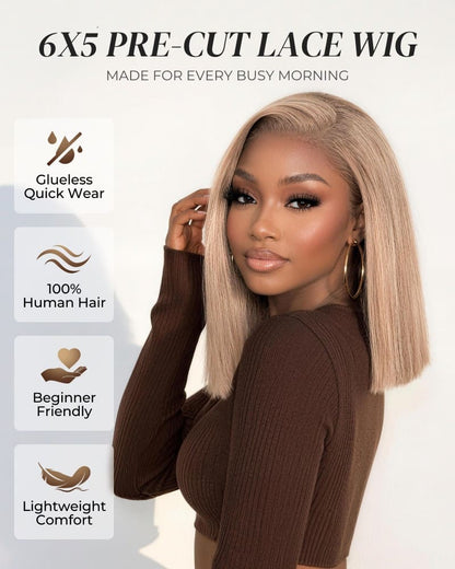 [2ND=$39] Arabella 6x5 Invisible Knots Glueless Milk Tea Brown Straight Bob Wig Pre-cut Lace Beginner Friendly