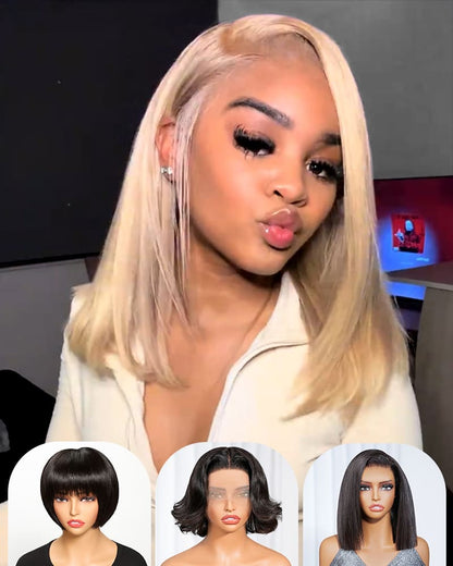 [2ND=$39] Arabella 6x5 Invisible Knots Glueless Blonde Highlight Straight Bob Wig Pre-cut Lace Beginner Friendly