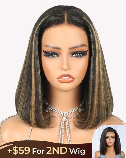 [2ND=$39] Arabella 6x5 Invisible Knots &amp; 13x4 Frontal Lace Balayage Highlight Straight Bob Colored Wig Pre-cut Lace Beginner Friendly