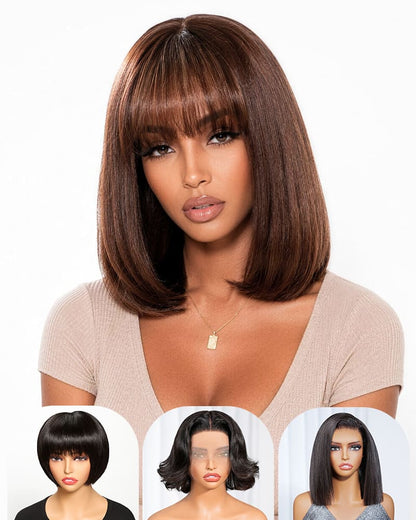 [2ND=$39] Arabella 6x6 Lace T Part Straight Bob Wig With Bangs Chocolate Brown Glueless Beginner Friendly
