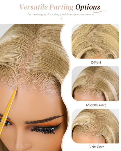 Arabella 6x5 Invisible Knots &amp; 13x4 Frontal Lace Blonde Khaki Highlight Straight Wig Invisible Knots Realistic Hairline