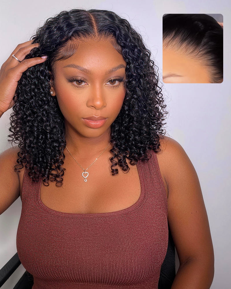 Arabella 13x5 Lace Glueless Jerry Curly Bob Wig With Pre-Cut Lace Invisible Knots Natural Black Virgin Hair Wig