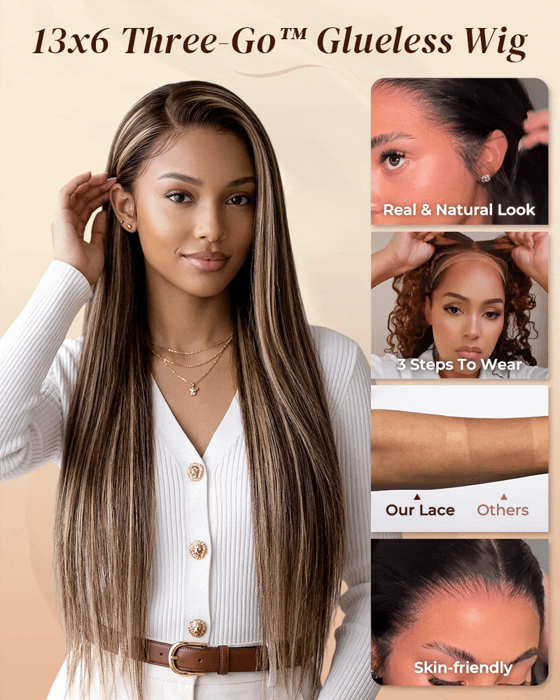 Arabella 13x6 Three-Go™ Glueless Wig Silky Straight With Drawstring Honey Blonde Highlight on Brown Wig 100% Human Hair Wig