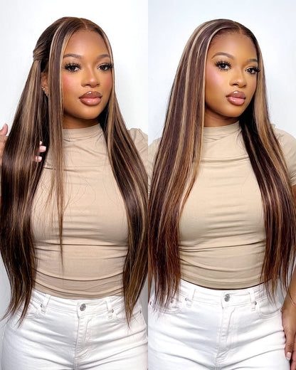 Arabella 13x6 Three-Go™ Glueless Wig Silky Straight With Drawstring Honey Blonde Highlight on Brown Wig 100% Human Hair Wig Tiktok Recommend