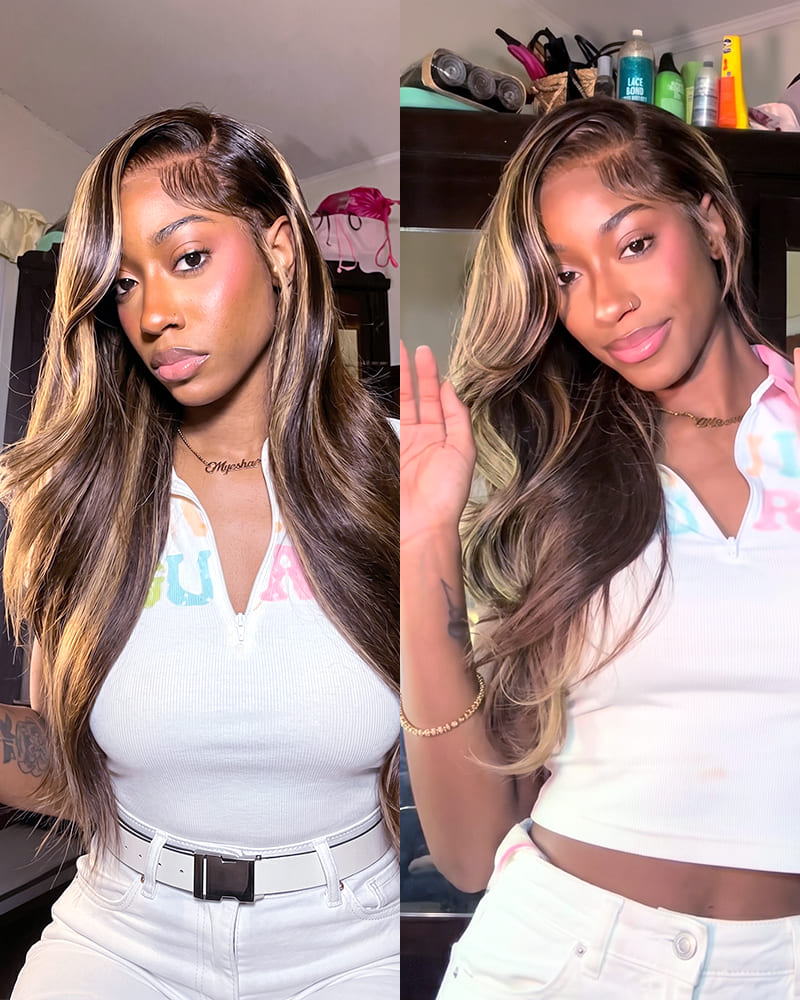 Arabella 13x6 Three-Go™ Glueless Wig Silky Straight With Drawstring Honey Blonde Highlight on Brown Wig 100% Human Hair Wig Tiktok Recommend