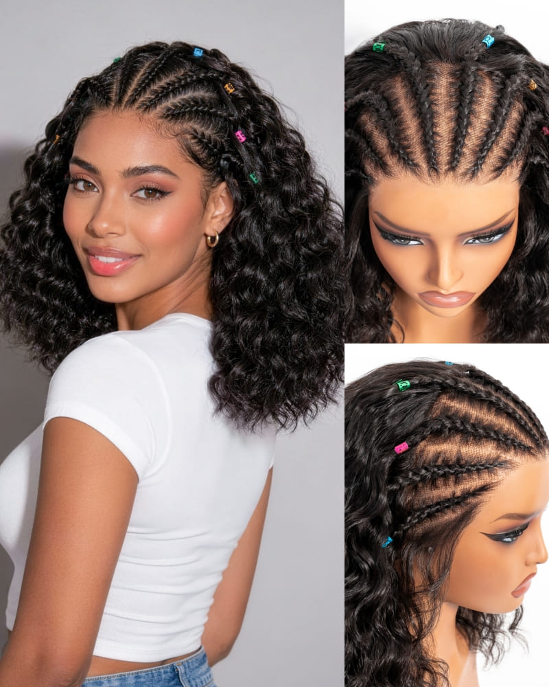 Arabella Boho Cornrow Braids 13x5 Lace Frontal Bohemian Curl Bob Wig With Pre-Cut Lace Invisible Knots Natural Black Virgin Hair Wig
