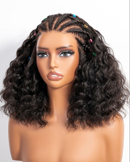Arabella Boho Cornrow Braids 13x5 Lace Frontal Bohemian Curl Bob Wig With Pre-Cut Lace Invisible Knots Natural Black Virgin Hair Wig