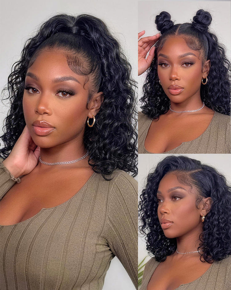 Arabella 13x5 Lace Glueless Water Wave Bob Wig With Pre-Cut Lace Invisible Knots Natural Black Virgin Hair Wig