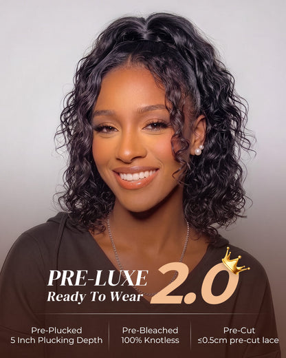 Arabella 13x5 Lace Glueless Water Wave Bob Wig With Pre-Cut Lace Invisible Knots Natural Black Virgin Hair Wig
