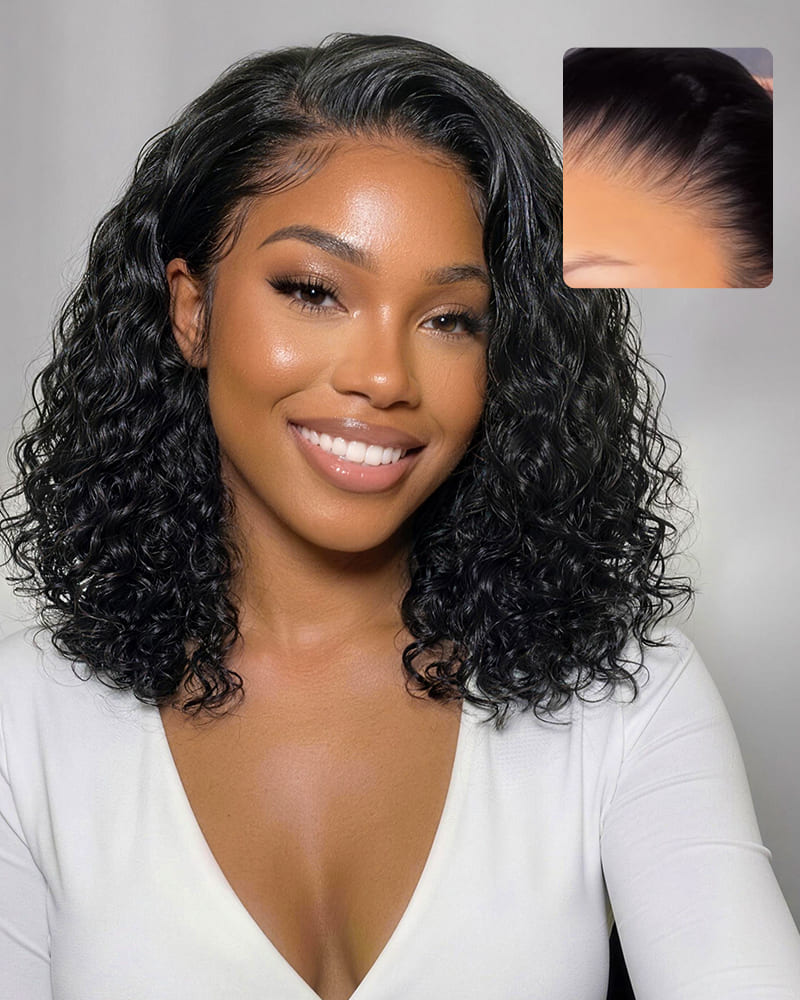 Arabella 13x5 Lace Glueless Water Wave Bob Wig With Pre-Cut Lace Invisible Knots Natural Black Virgin Hair Wig