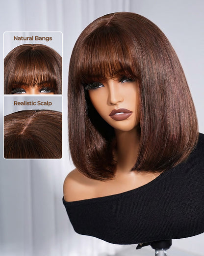 Arabella 6x6 Lace T Part Straight Bob Wig With Bangs Chocolate Brown Glueless Beginner Friendly