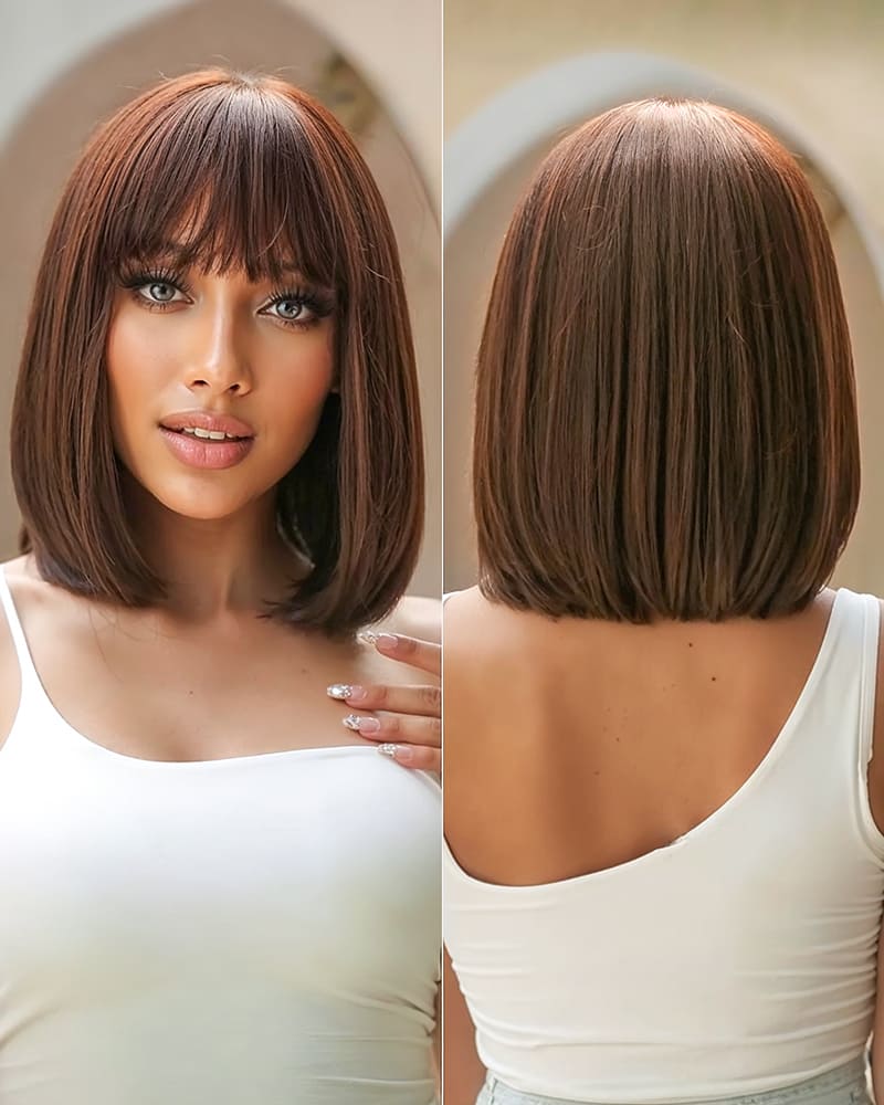 Arabella 6x6 Lace T Part Straight Bob Wig With Bangs Chocolate Brown Glueless Beginner Friendly