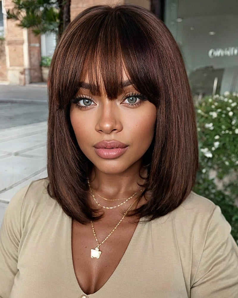 Arabella 6x6 Lace T Part Straight Bob Wig With Bangs Chocolate Brown Glueless Beginner Friendly