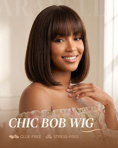 【BOGO】Arabella 6x6 Lace T Part Straight Bob Wig With Bangs Chocolate Brown Glueless Beginner Friendly