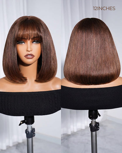 Arabella 6x6 Lace T Part Straight Bob Wig With Bangs Chocolate Brown Glueless Beginner Friendly
