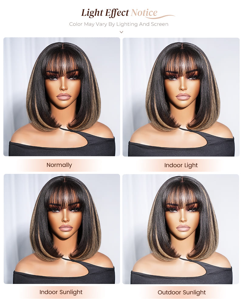 Arabella 6x6 inches Lace Balayage Highlights On Black Hair Straight Bob Wig with Bangs 100% Human Hair Wig