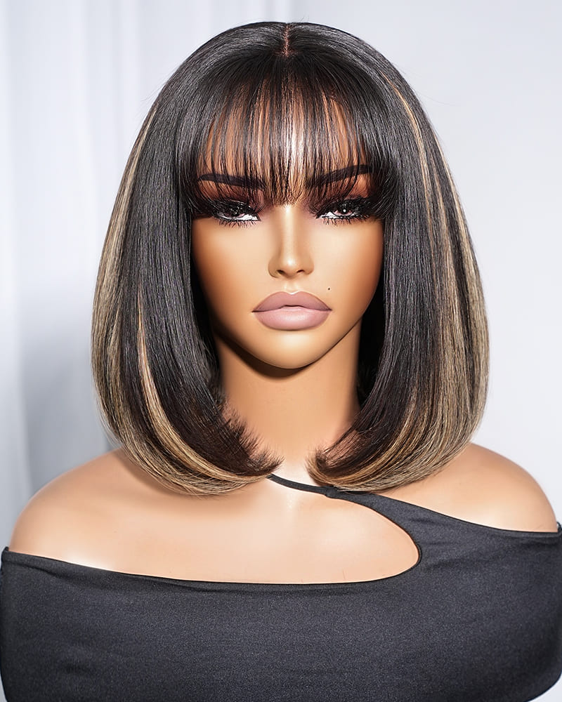 Arabella 6x6 inches Lace Balayage Highlights On Black Hair Straight Bob Wig with Bangs 100% Human Hair Wig