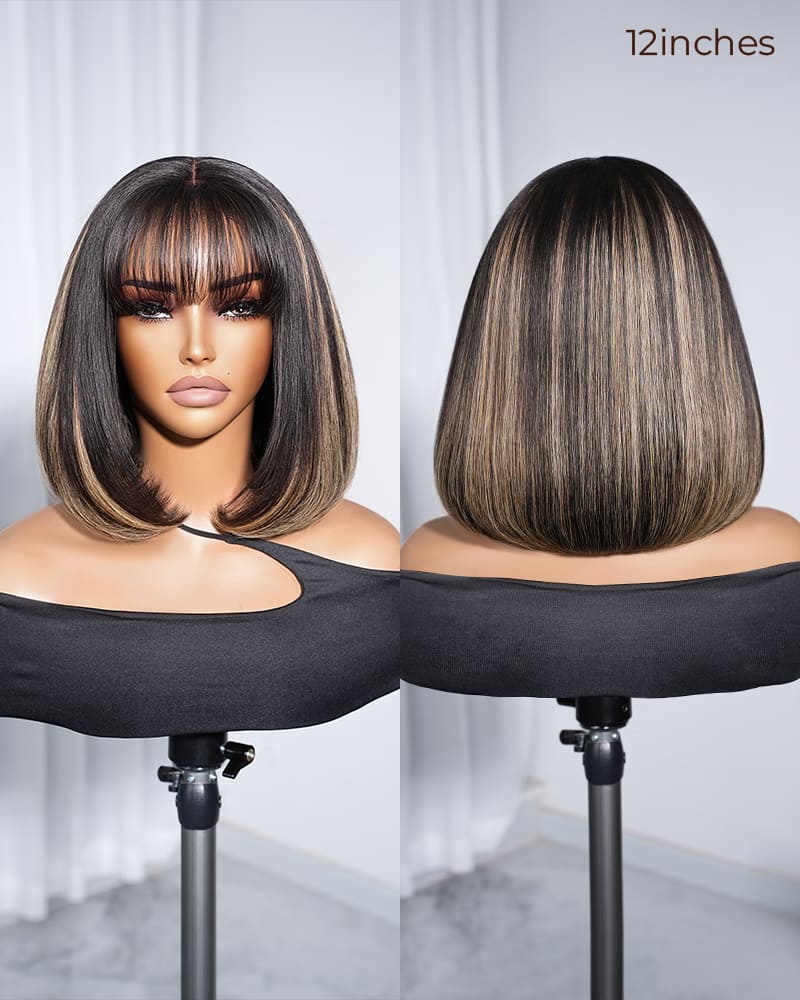 Arabella 6x6 inches Lace Balayage Highlights On Black Hair Straight Bob Wig with Bangs 100% Human Hair Wig