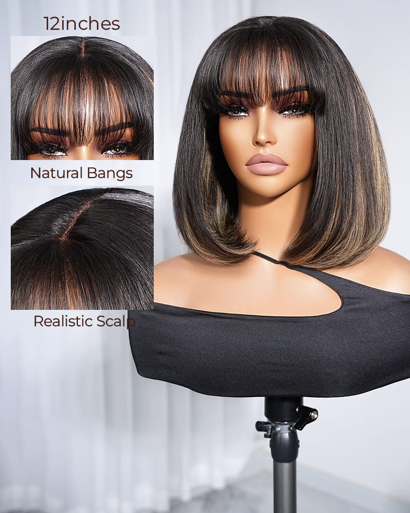 Arabella 6x6 inches Lace Balayage Highlights On Black Hair Straight Bob Wig with Bangs 100% Human Hair Wig