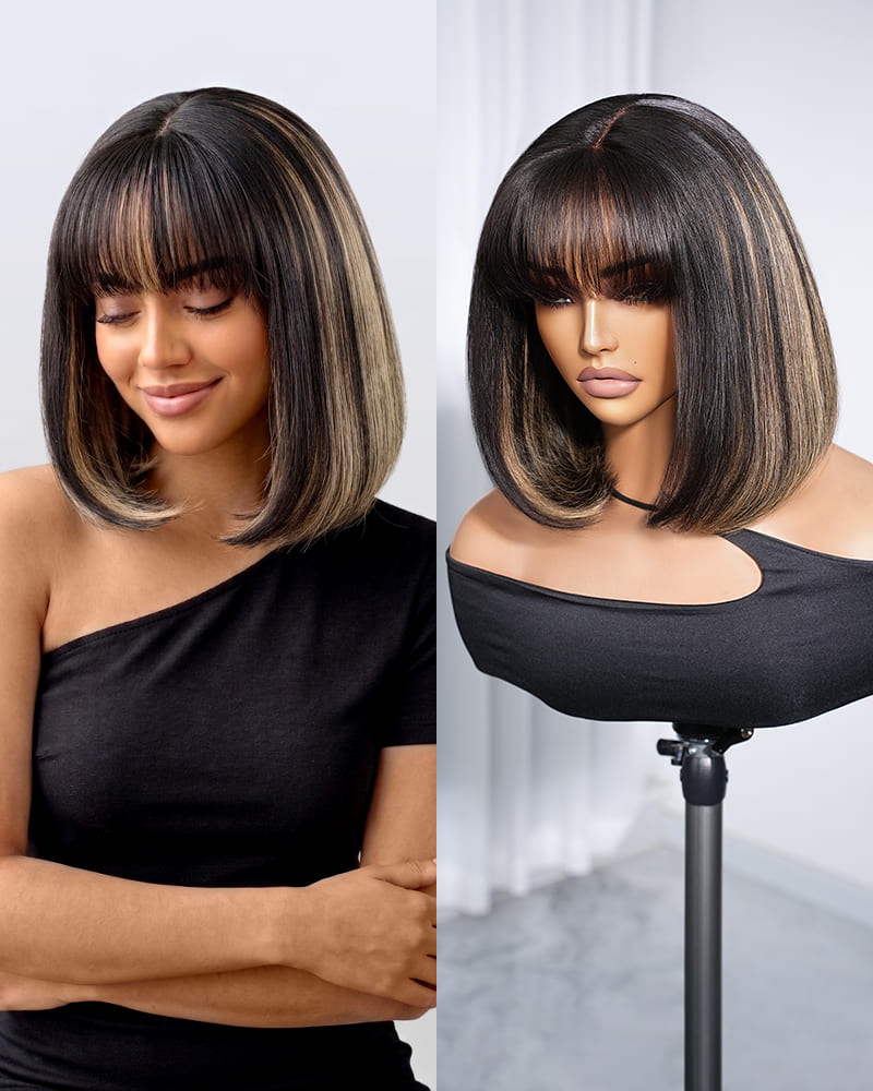 Arabella 6x6 inches Lace Balayage Highlights On Black Hair Straight Bob Wig with Bangs 100% Human Hair Wig