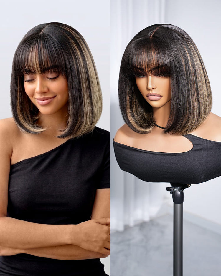 【BOGO】Arabella 6x6 Lace T Part Balayage Highlights On Black Hair Straight Bob Wig with Bangs 100% Human Hair Wig