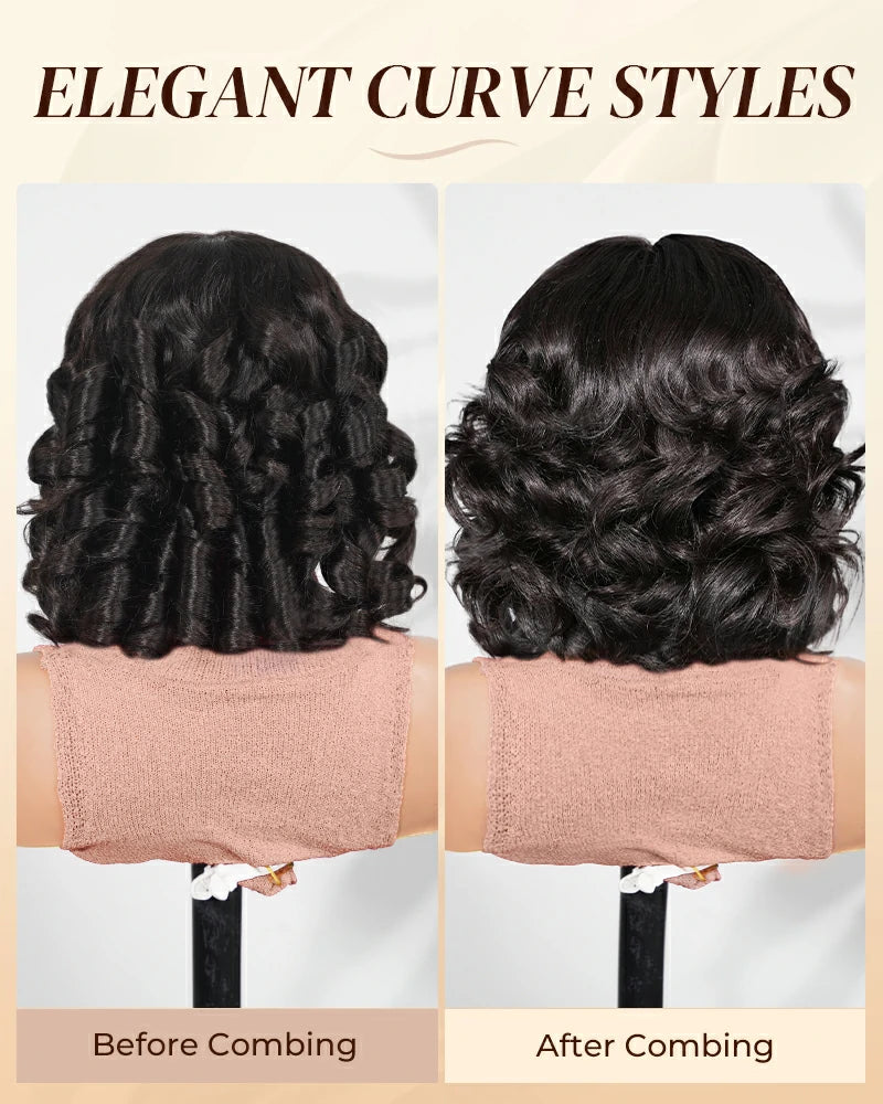 Loose wave bob human hair wig before vs after combing, pre-plucked for natural volume