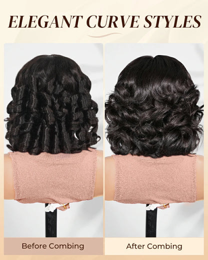 Loose wave bob human hair wig before vs after combing, pre-plucked for natural volume