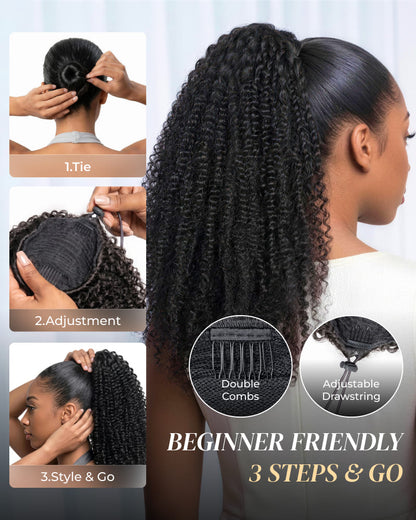 Arabella Afro Kinky Curly Ponytail Natural Black Hair Extensions Instant Volume 100% Human Hair