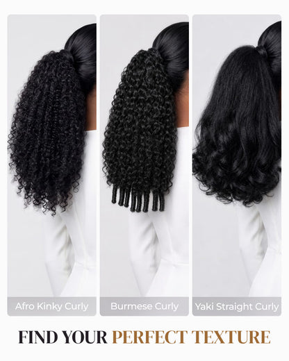 Arabella Yaki Straight Ponytail with Burmese Curly Natural Black Hair Extensions Instant Volume 100% Human Hair