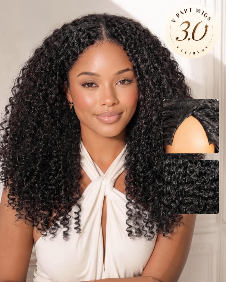Arabella V-Part Glueless Natural Black Jerry Curly with Burmese Curly with Wig + Crochet Hair Invisi Drawstring Upgrade Clip
