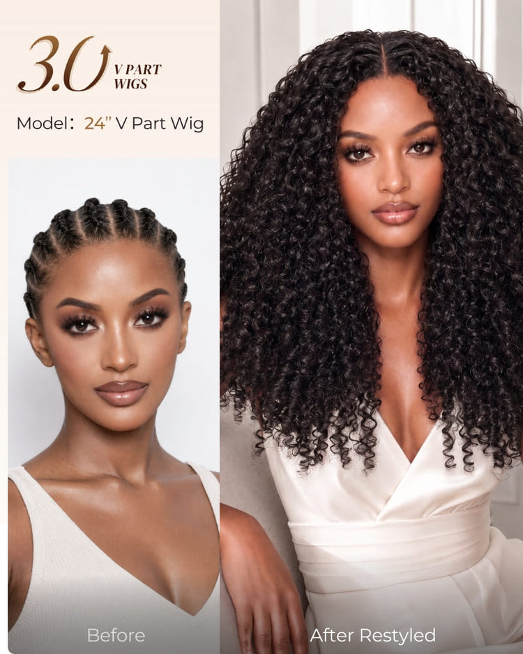 Arabella V-Part Glueless Natural Black Jerry Curly with Burmese Curly with Wig + Crochet Hair Invisi Drawstring Upgrade Clip