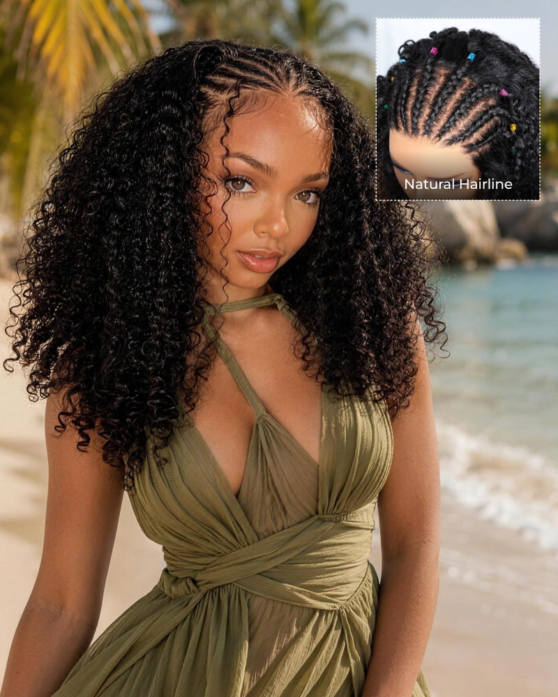 Arabella Boho Cornrow Braids 13x5 Lace Frontal Jerry Curly Bob Wig With Pre-Cut Lace Invisible Knots Natural Black Virgin Hair Wig