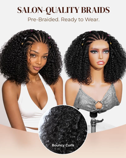 Arabella Boho Cornrow Braids 13x5 Lace Frontal Jerry Curly Bob Wig With Pre-Cut Lace Invisible Knots Natural Black Virgin Hair Wig