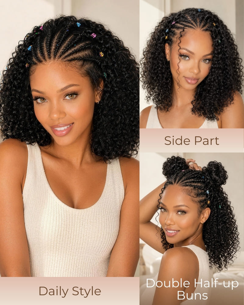 Arabella Boho Cornrow Braids 13x5 Lace Frontal Jerry Curly Bob Wig With Pre-Cut Lace Invisible Knots Natural Black Virgin Hair Wig