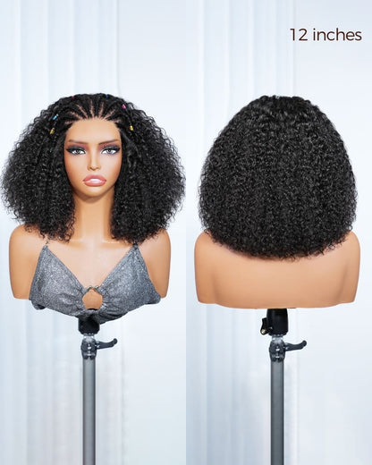 Arabella Boho Cornrow Braids 13x5 Lace Frontal Jerry Curly Bob Wig With Pre-Cut Lace Invisible Knots Natural Black Virgin Hair Wig